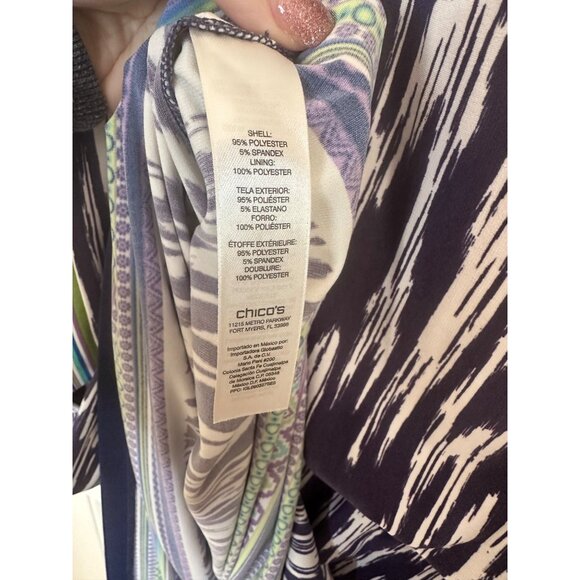 Chicos Size XL Navy & White Ikat Print Sleeveless Tunic Dress W/ Side Drape - Picture 7 of 7